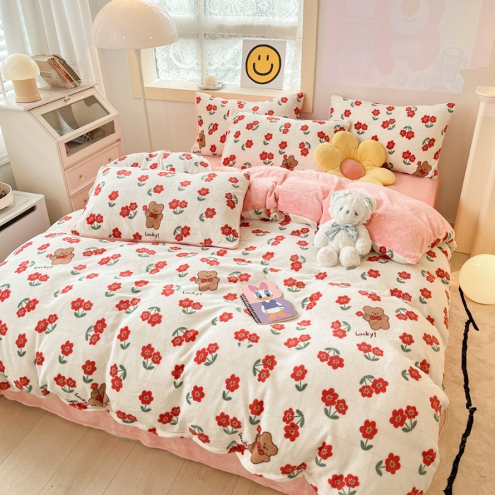 91家纺网 家纺一手货源 找家纺 金爱家 2023新款牛奶绒小清新四件套 花开四季