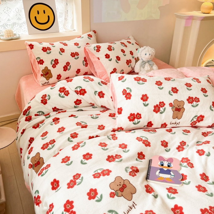 91家纺网 家纺一手货源 找家纺 金爱家 2023新款牛奶绒小清新四件套 花开四季