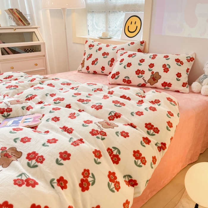 91家纺网 家纺一手货源 找家纺 金爱家 2023新款牛奶绒小清新四件套 花开四季