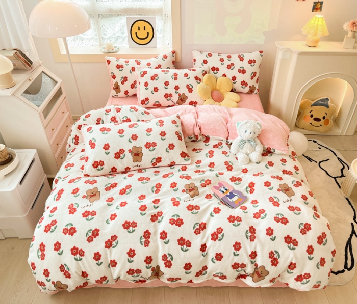 91家纺网 家纺一手货源 找家纺 金爱家 2023新款牛奶绒小清新四件套 花开四季