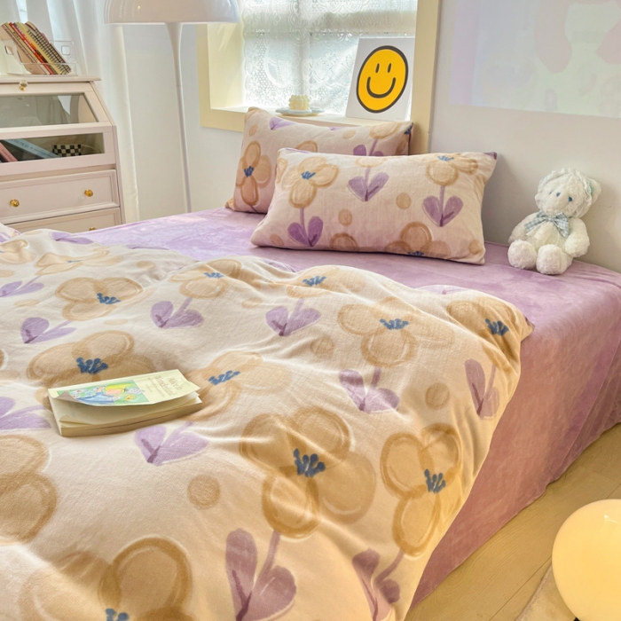 91家纺网 家纺一手货源 找家纺 金爱家 2023新款牛奶绒小清新四件套 花仙子