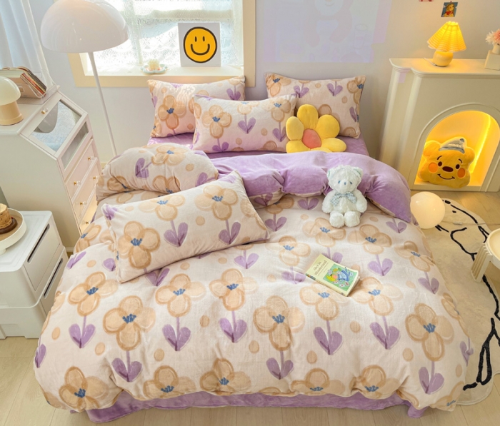 91家纺网 家纺一手货源 找家纺 金爱家 2023新款牛奶绒小清新四件套 花仙子