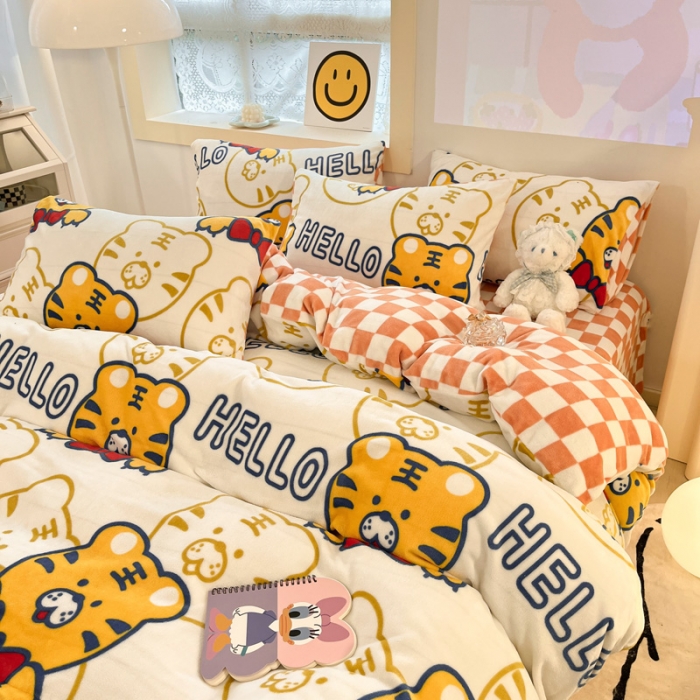 91家纺网 家纺一手货源 找家纺 金爱家 2023新款牛奶绒小清新四件套 可爱老虎