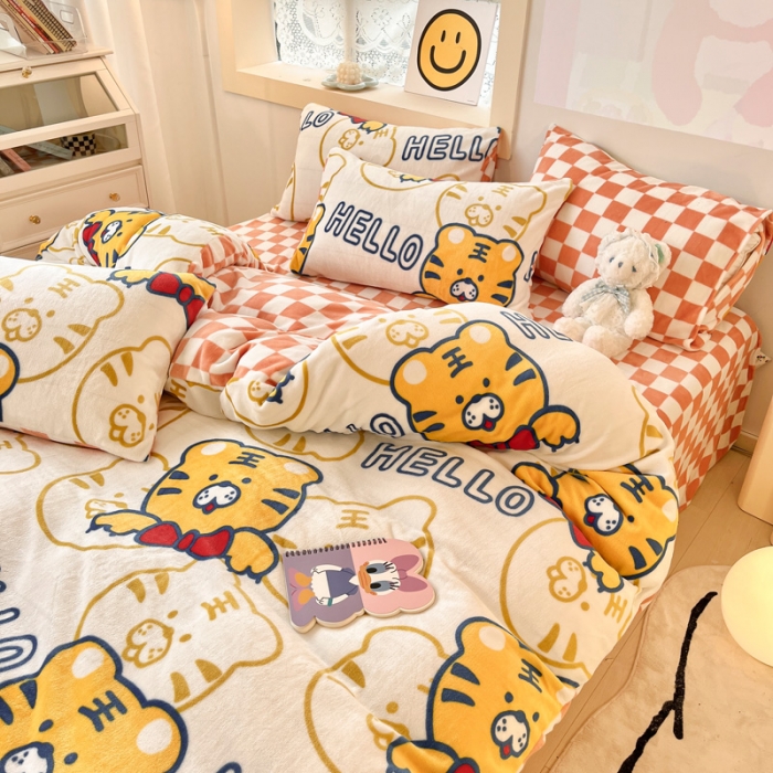 91家纺网 家纺一手货源 找家纺 金爱家 2023新款牛奶绒小清新四件套 可爱老虎