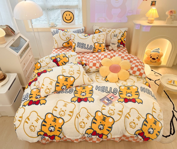 91家纺网 家纺一手货源 找家纺 金爱家 2023新款牛奶绒小清新四件套 可爱老虎