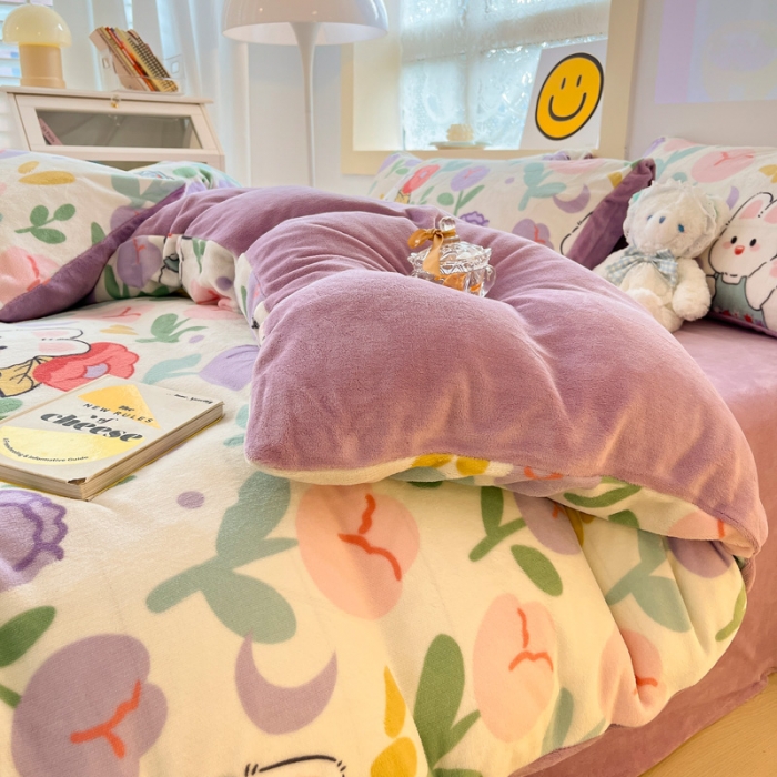 91家纺网 家纺一手货源 找家纺 金爱家 2023新款牛奶绒小清新四件套 快乐兔子