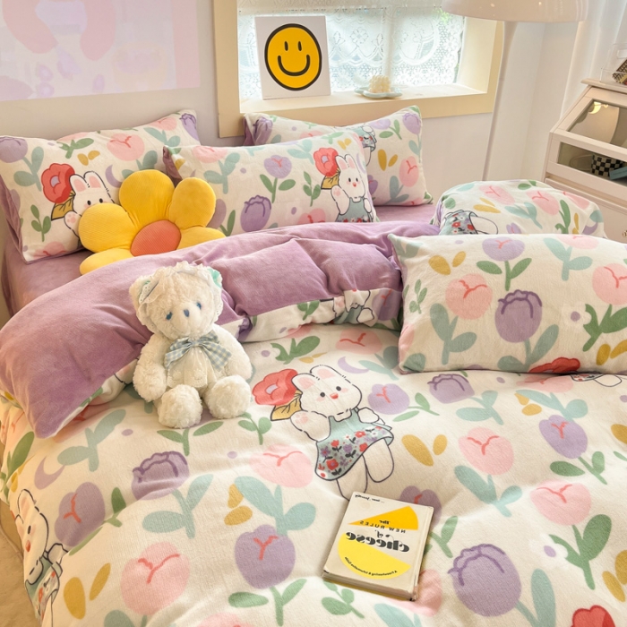 91家纺网 家纺一手货源 找家纺 金爱家 2023新款牛奶绒小清新四件套 快乐兔子