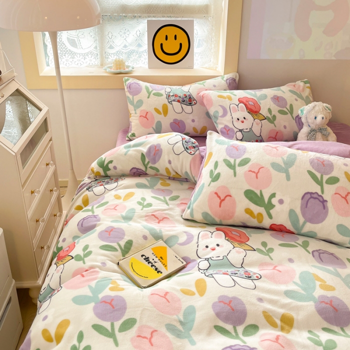 91家纺网 家纺一手货源 找家纺 金爱家 2023新款牛奶绒小清新四件套 快乐兔子