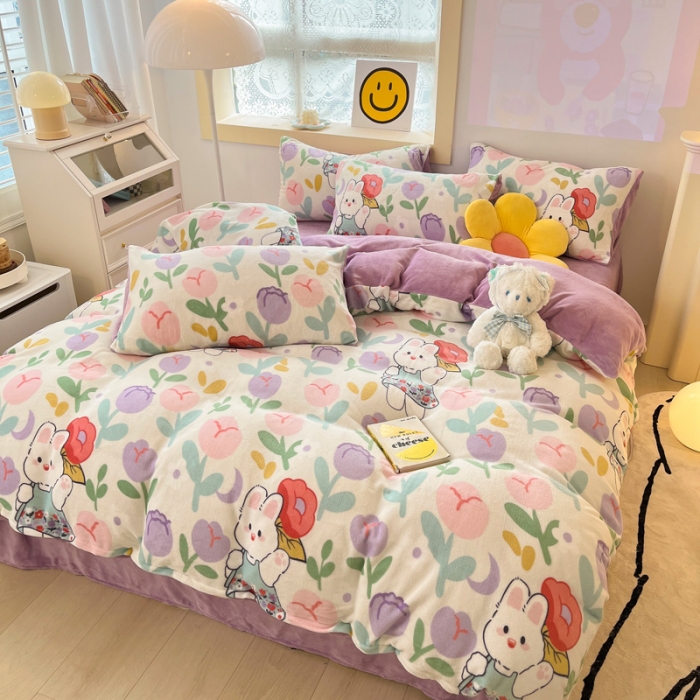 91家纺网 家纺一手货源 找家纺 金爱家 2023新款牛奶绒小清新四件套 快乐兔子