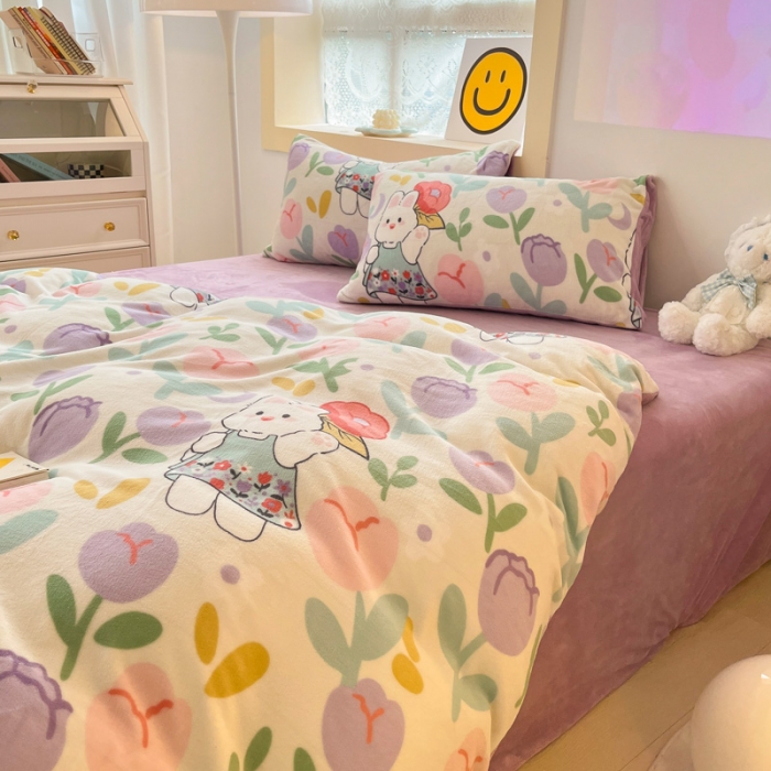 91家纺网 家纺一手货源 找家纺 金爱家 2023新款牛奶绒小清新四件套 快乐兔子