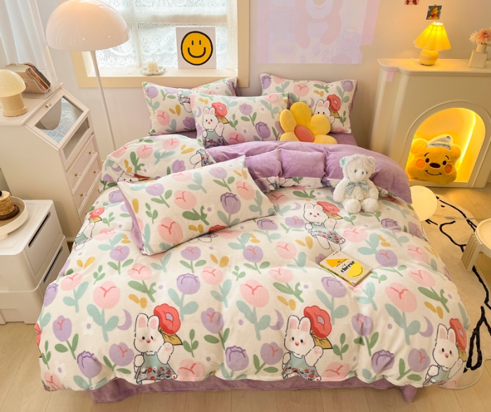 91家纺网 家纺一手货源 找家纺 金爱家 2023新款牛奶绒小清新四件套 快乐兔子