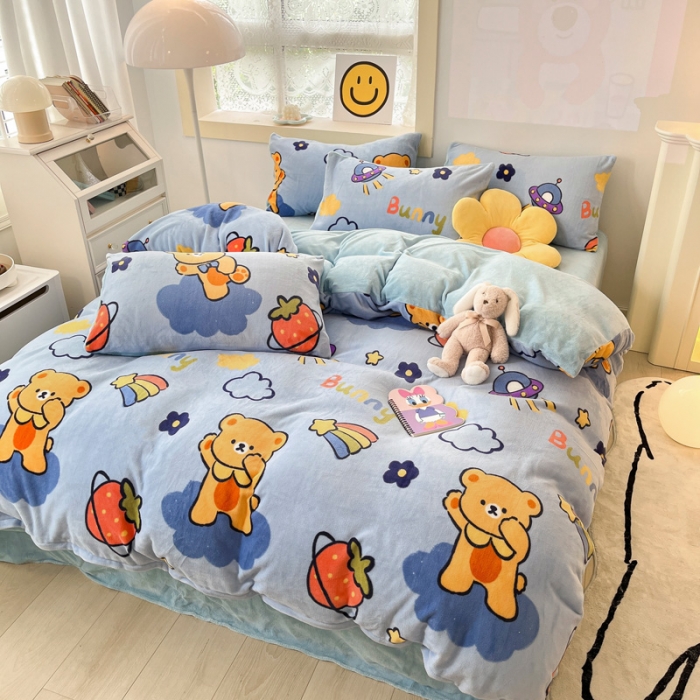 91家纺网 家纺一手货源 找家纺 金爱家 2023新款牛奶绒小清新四件套 七彩小熊