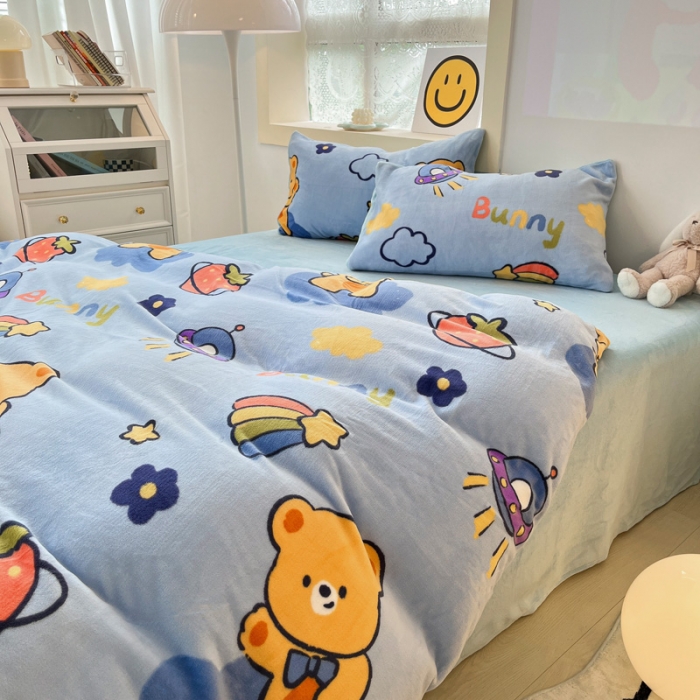 91家纺网 家纺一手货源 找家纺 金爱家 2023新款牛奶绒小清新四件套 七彩小熊