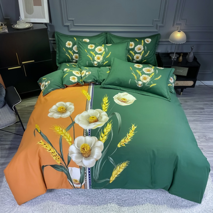 91家纺网 家纺一手货源 找家纺 金爱家2023新款大版磨毛四件套花卉系列 稻香-绿
