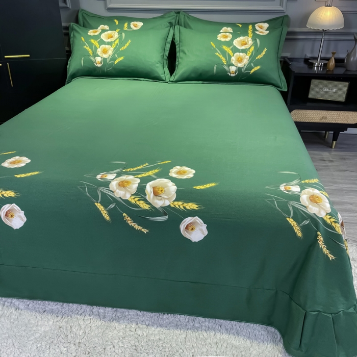 91家纺网 家纺一手货源 找家纺 金爱家2023新款大版磨毛四件套花卉系列 稻香-绿