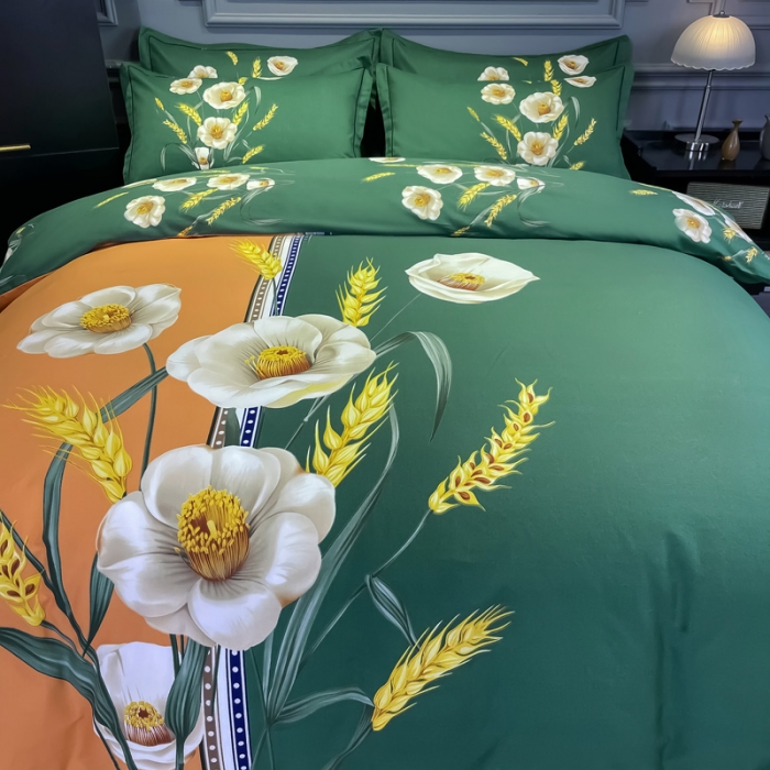 91家纺网 家纺一手货源 找家纺 金爱家2023新款大版磨毛四件套花卉系列 稻香-绿