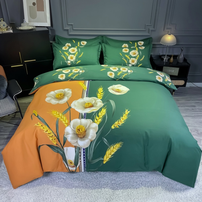 91家纺网 家纺一手货源 找家纺 金爱家2023新款大版磨毛四件套花卉系列 稻香-绿