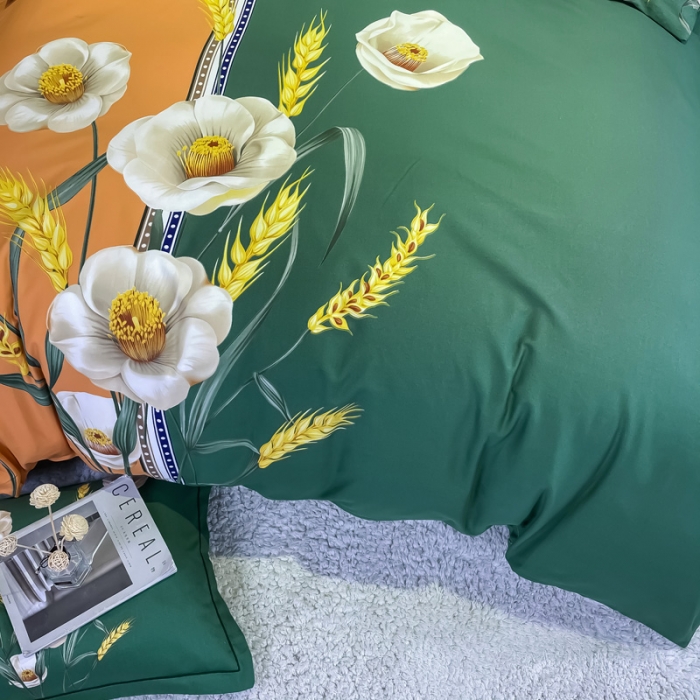 91家纺网 家纺一手货源 找家纺 金爱家2023新款大版磨毛四件套花卉系列 稻香-绿