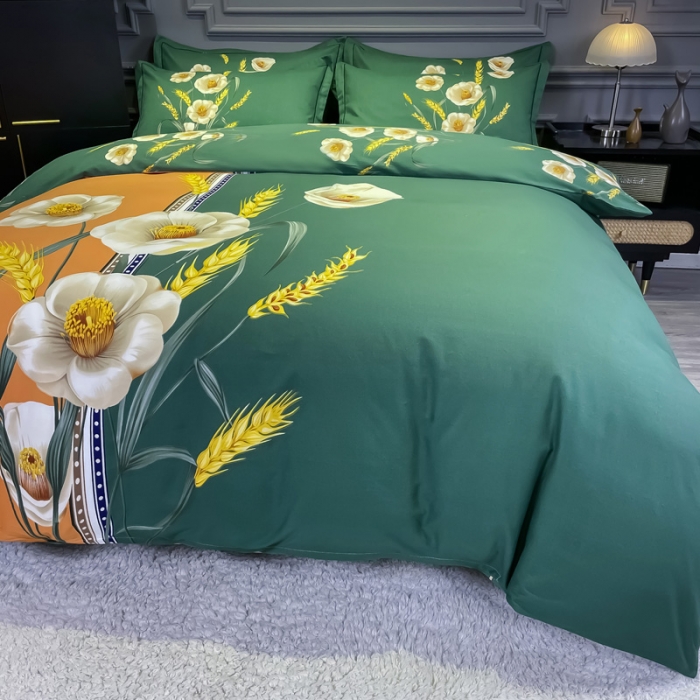 91家纺网 家纺一手货源 找家纺 金爱家2023新款大版磨毛四件套花卉系列 稻香-绿