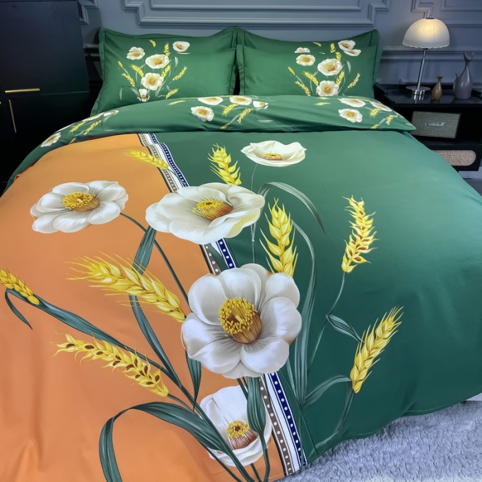 91家纺网 家纺一手货源 找家纺 金爱家2023新款大版磨毛四件套花卉系列 稻香-绿