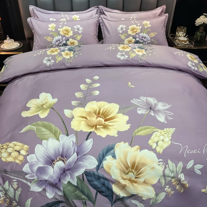 91家纺网 家纺一手货源 找家纺 金爱家2023新款大版磨毛四件套花卉系列 翡翠罗浮