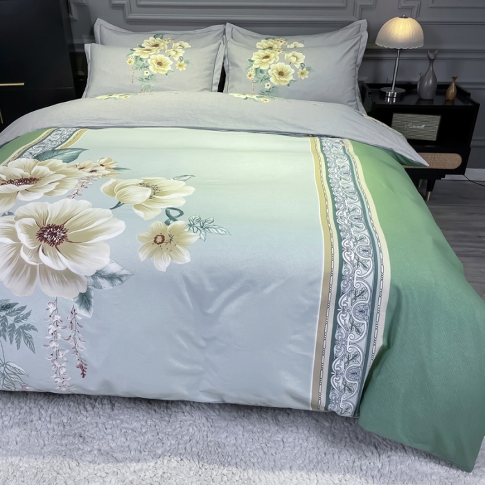 91家纺网 家纺一手货源 找家纺 金爱家2023新款大版磨毛四件套花卉系列 探花绿