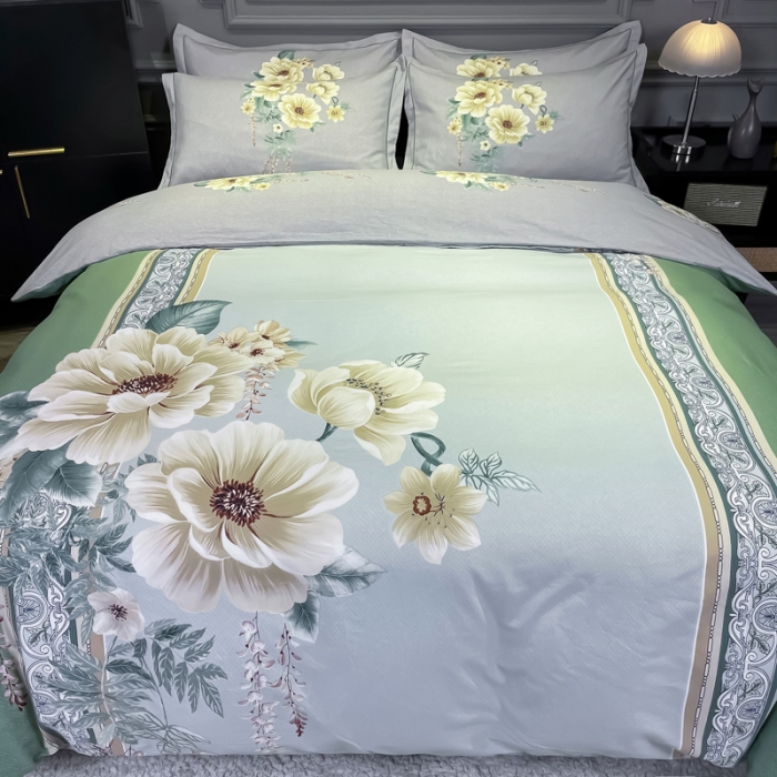 91家纺网 家纺一手货源 找家纺 金爱家2023新款大版磨毛四件套花卉系列 探花绿