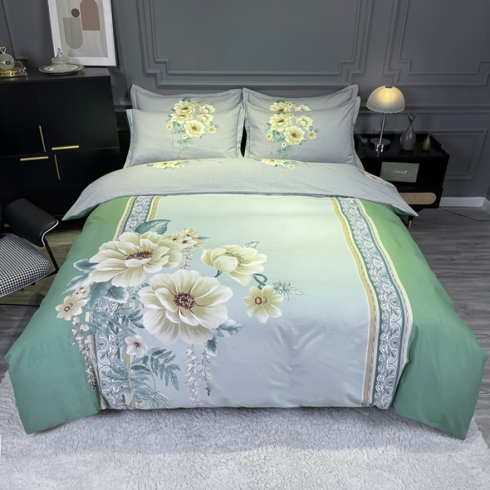 91家纺网 家纺一手货源 找家纺 金爱家2023新款大版磨毛四件套花卉系列 探花绿