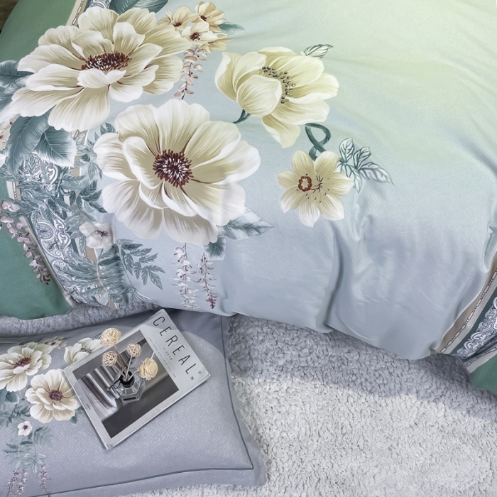 91家纺网 家纺一手货源 找家纺 金爱家2023新款大版磨毛四件套花卉系列 探花绿