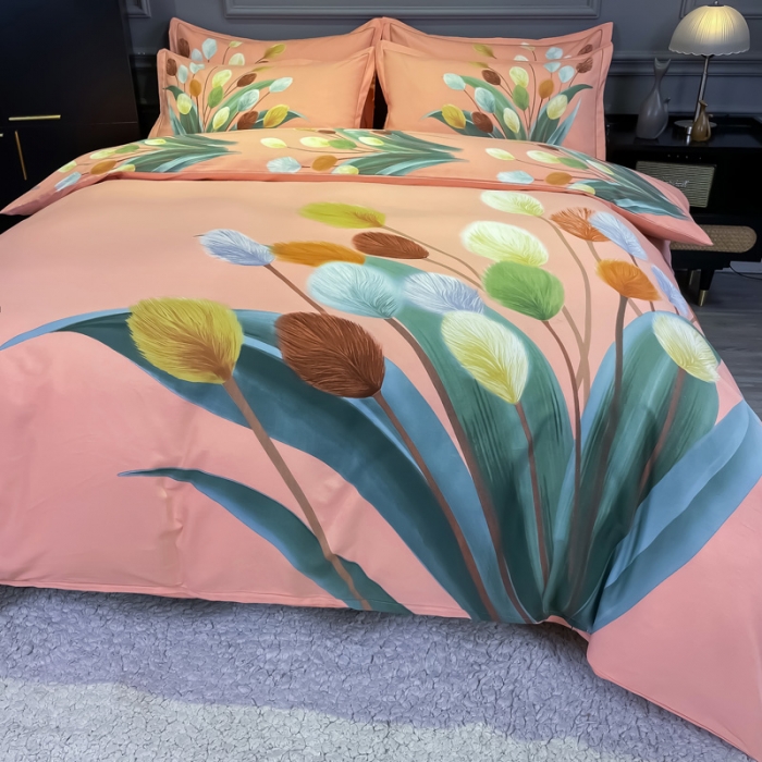 91家纺网 家纺一手货源 找家纺 金爱家2023新款大版磨毛四件套花卉系列 夏日时光-粉