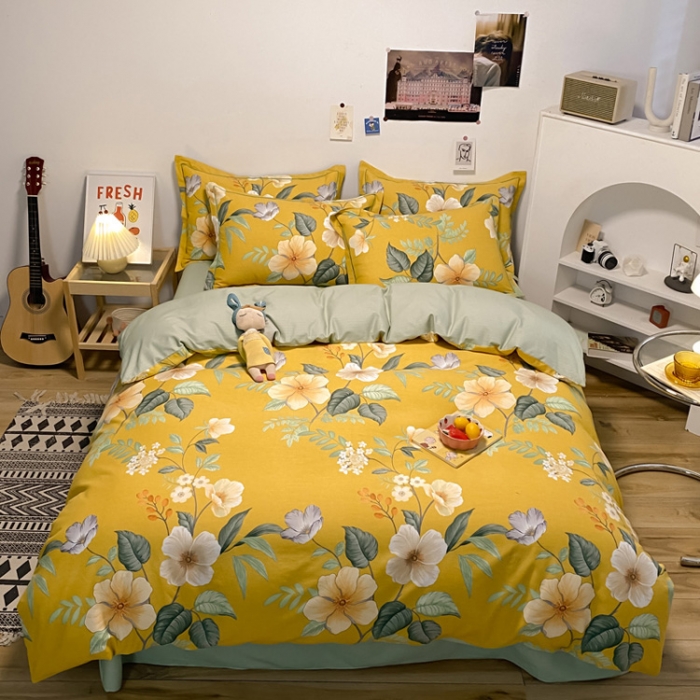 91家纺网 家纺一手货源 找家纺 金爱家 2023新款纯棉生态磨毛小清新四件套 朵朵凝香-黄