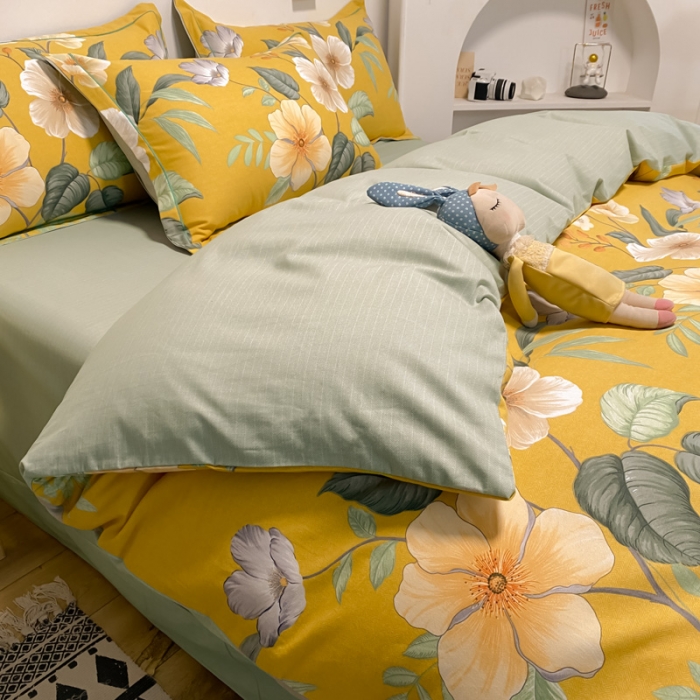 91家纺网 家纺一手货源 找家纺 金爱家 2023新款纯棉生态磨毛小清新四件套 朵朵凝香-黄