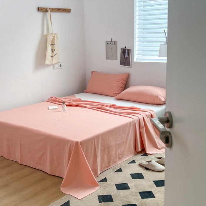 91家纺网 家纺一手货源 找家纺 玖弘家居  2022新款全棉色织水洗棉单品床单系列 纯粉