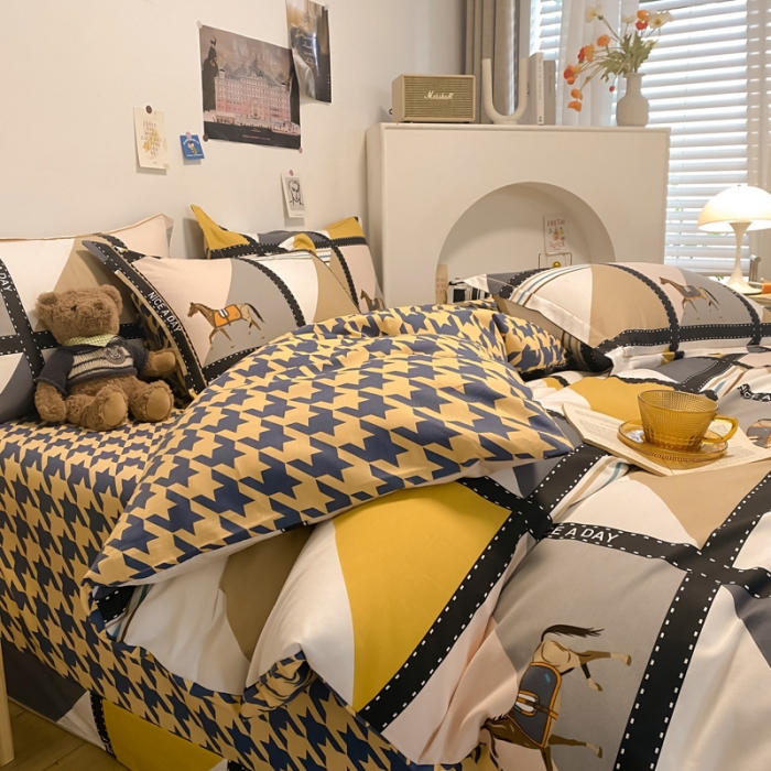 91家纺网 家纺一手货源 找家纺 金爱家 2023新款纯棉生态磨毛小清新四件套 莫吉托-蓝