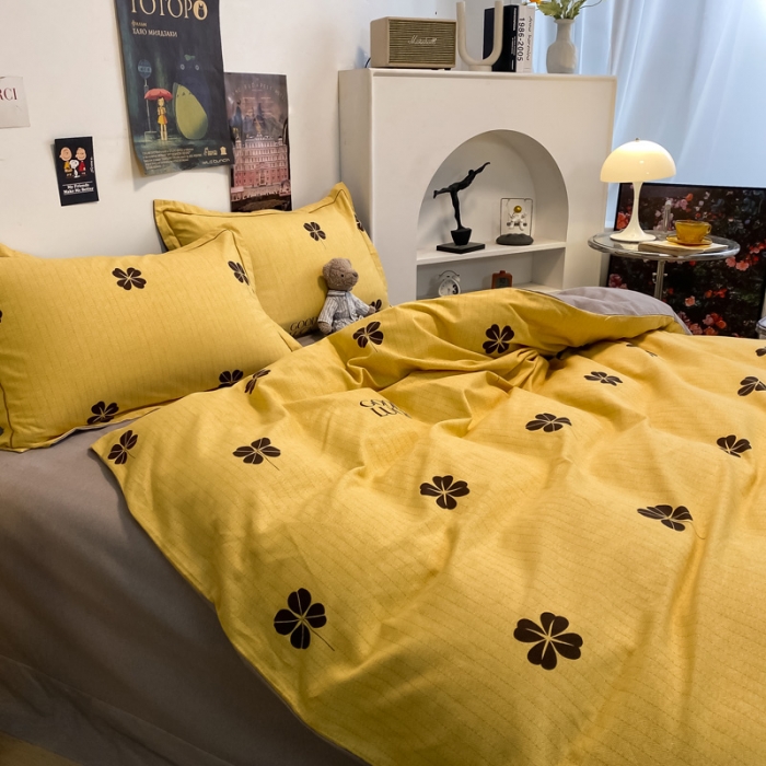 91家纺网 家纺一手货源 找家纺 金爱家 2023新款纯棉生态磨毛小清新四件套 情人草-黄