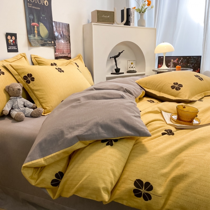 91家纺网 家纺一手货源 找家纺 金爱家 2023新款纯棉生态磨毛小清新四件套 情人草-黄