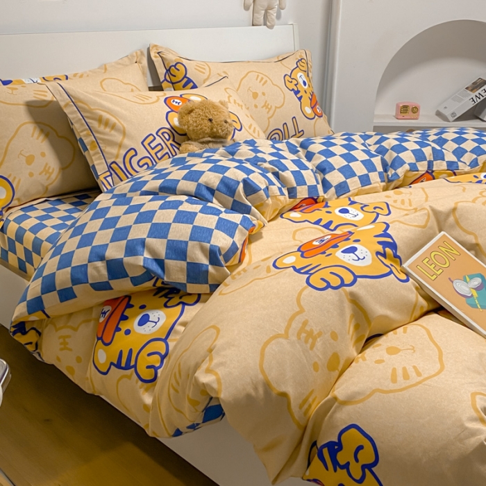 91家纺网 家纺一手货源 找家纺 金爱家 2023新款纯棉生态磨毛小清新四件套 小老虎