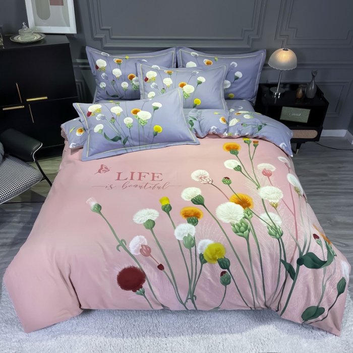 91家纺网 家纺一手货源 找家纺 金爱家2023新款大版磨毛四件套花卉系列 烟萝粉