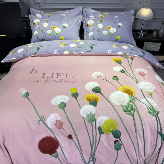 91家纺网 家纺一手货源 找家纺 金爱家2023新款大版磨毛四件套花卉系列 烟萝粉