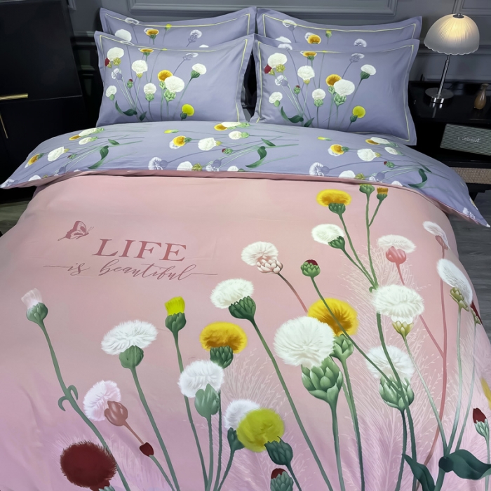 91家纺网 家纺一手货源 找家纺 金爱家2023新款大版磨毛四件套花卉系列 烟萝粉