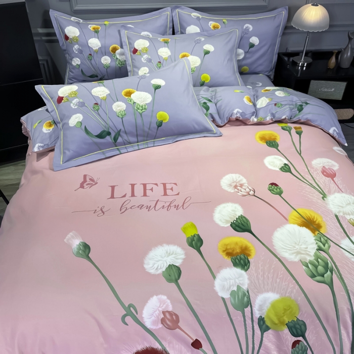 91家纺网 家纺一手货源 找家纺 金爱家2023新款大版磨毛四件套花卉系列 烟萝粉