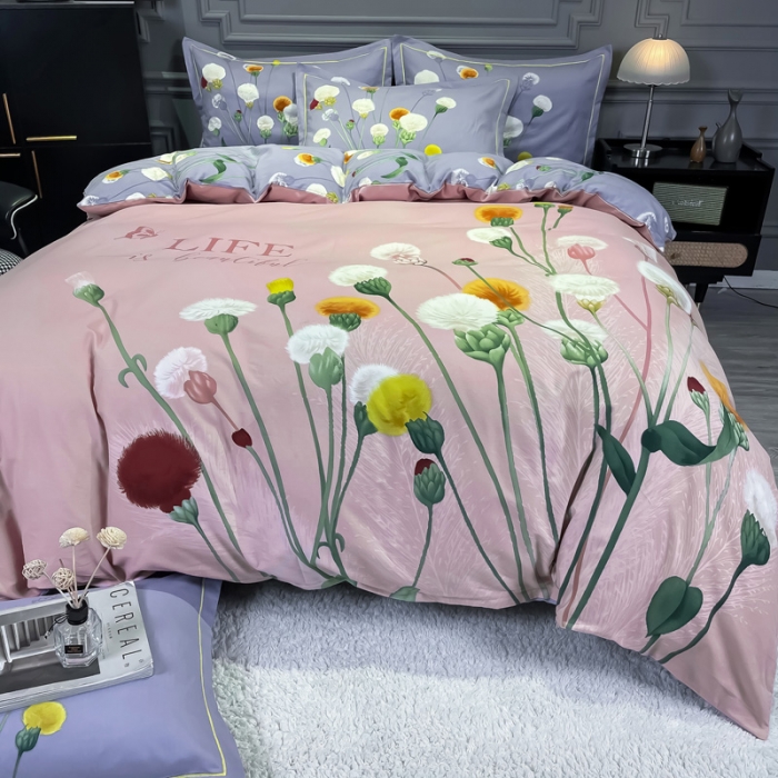 91家纺网 家纺一手货源 找家纺 金爱家2023新款大版磨毛四件套花卉系列 烟萝粉