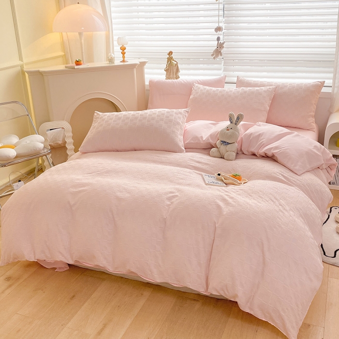 91家纺网 家纺一手货源 找家纺 琪格格2022新款水洗棉华夫格四件套 粉玉