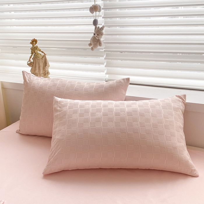 91家纺网 家纺一手货源 找家纺 琪格格2022新款水洗棉华夫格四件套 粉玉