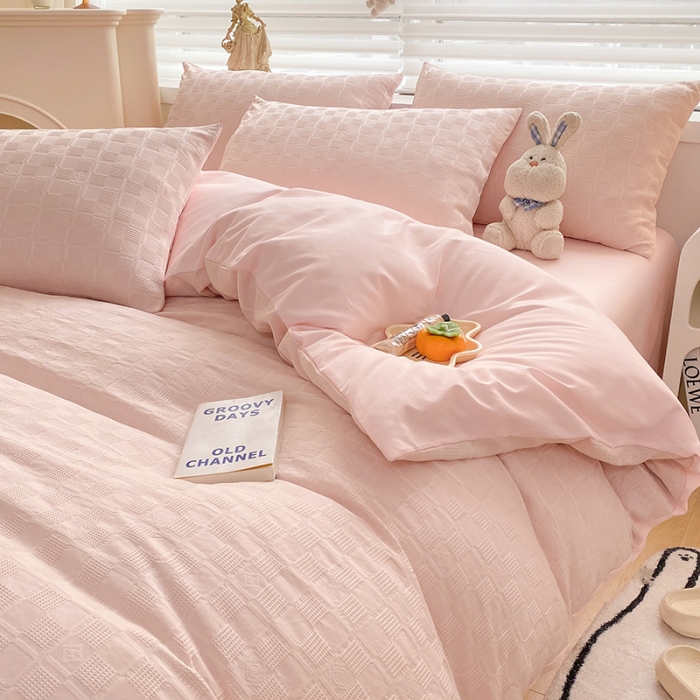 91家纺网 家纺一手货源 找家纺 琪格格2022新款水洗棉华夫格四件套 粉玉