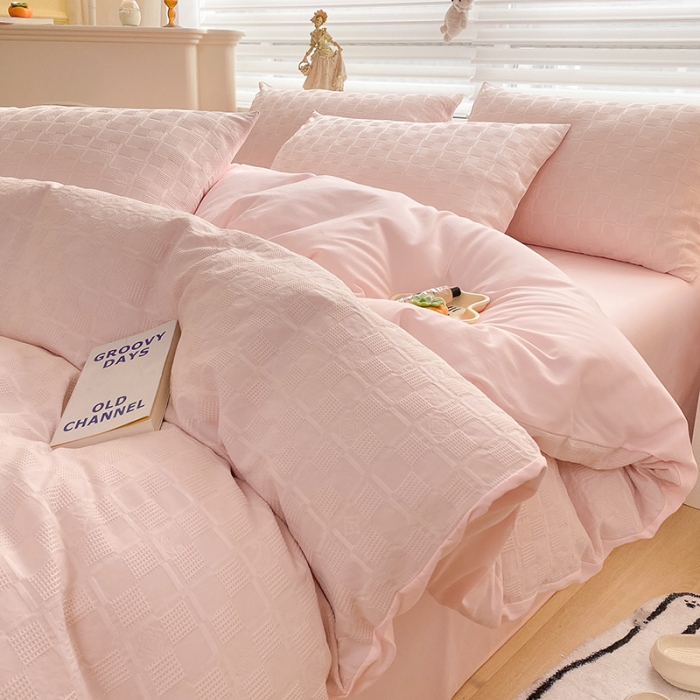 91家纺网 家纺一手货源 找家纺 琪格格2022新款水洗棉华夫格四件套 粉玉