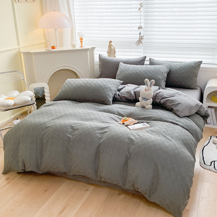 91家纺网 家纺一手货源 找家纺 琪格格2022新款水洗棉华夫格四件套 高级灰