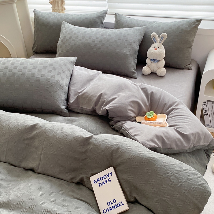 91家纺网 家纺一手货源 找家纺 琪格格2022新款水洗棉华夫格四件套 高级灰