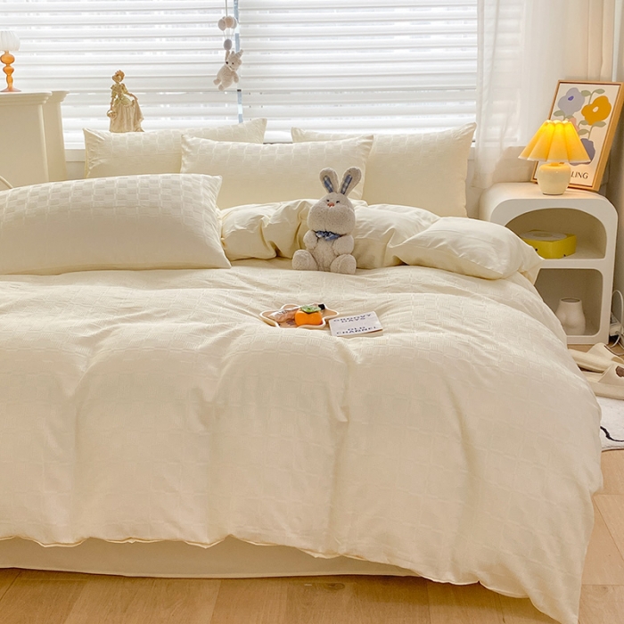 91家纺网 家纺一手货源 找家纺 琪格格2022新款水洗棉华夫格四件套 奶白