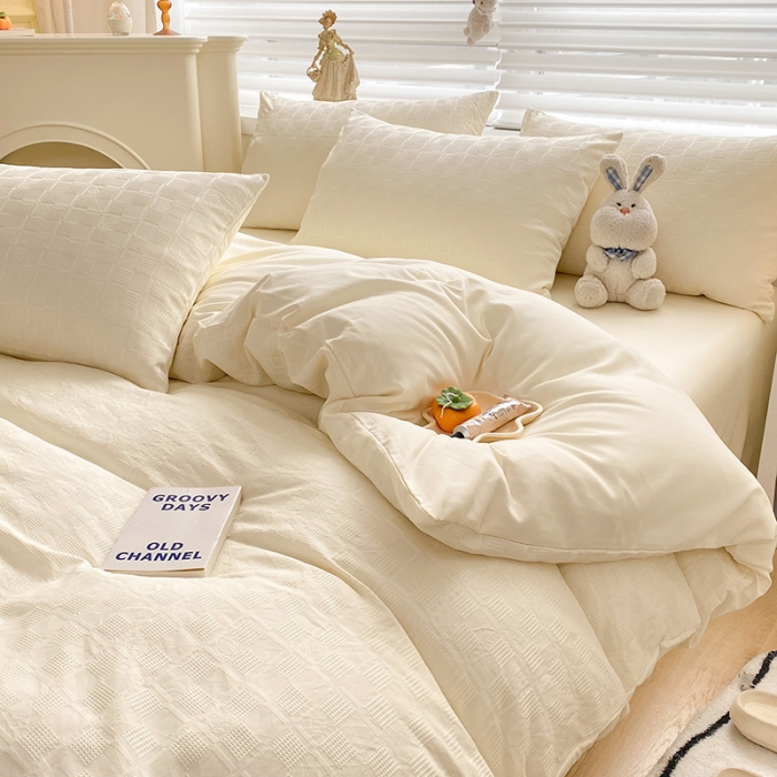 91家纺网 家纺一手货源 找家纺 琪格格2022新款水洗棉华夫格四件套 奶白